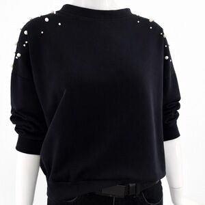 MADE IN ITALY Quiet Luxury Pearl Sweater Black Crewneck Embellished Shoulder Top